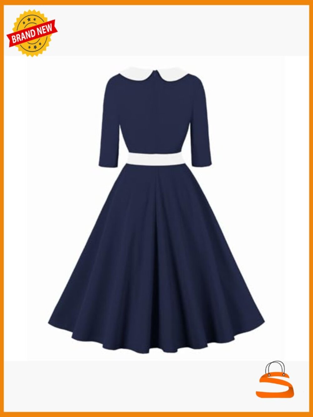 Vintage 1940s Work Dress Collared 3/4 Sleeves High Waist A-Line Zipper Closure - Picture 2 of 7